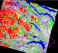 red - detected wet snow, yellow - inferred wet snow in missing cover, pink- inferred dry snow at higher elevations, blue - lakes green - missing cover, cyan - other
