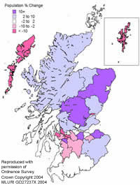 Map of population change in Scotland