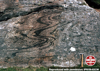 an example of folded layers in Lewisian gneiss