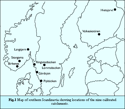 Fig.1.Map of Scandinavia showing location of catchments